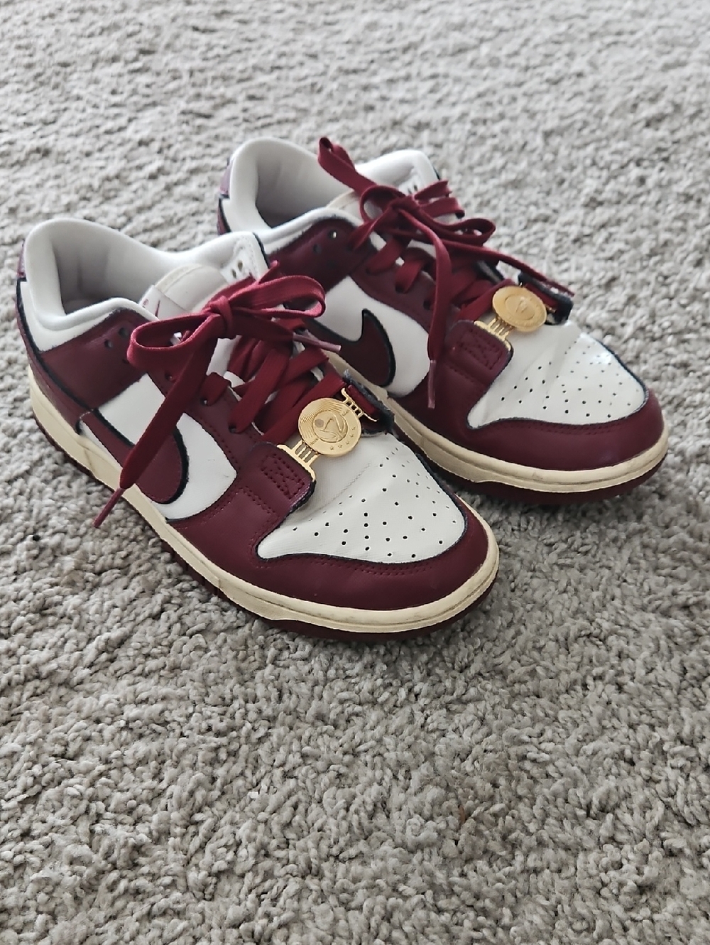 Nike Dunk Low Burgundy and White with Gold Lace Charms